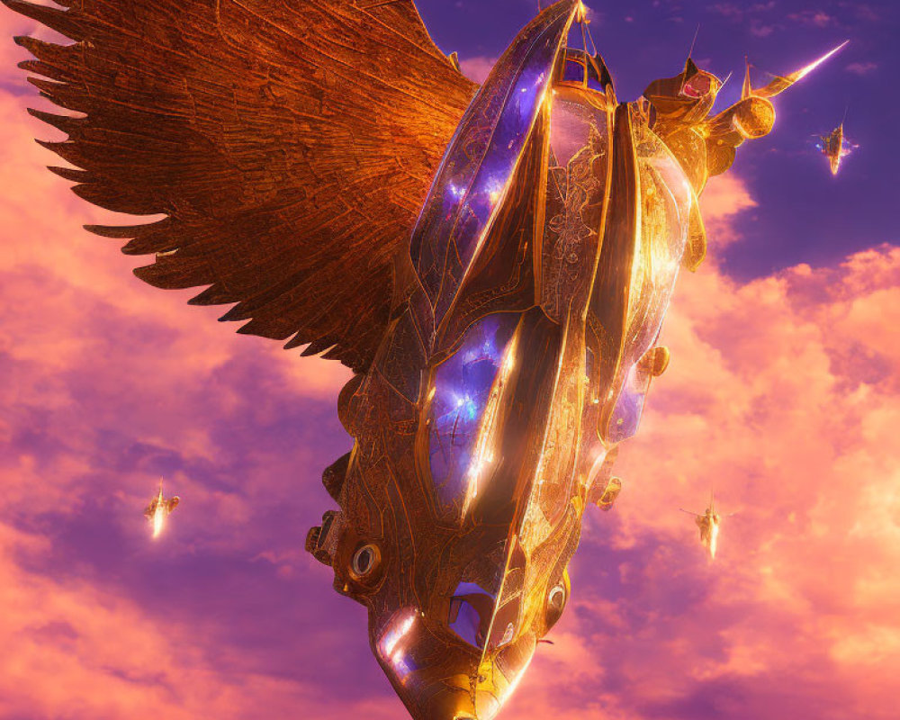 Bronze-hued airship with large wings flying in pink-purple sky