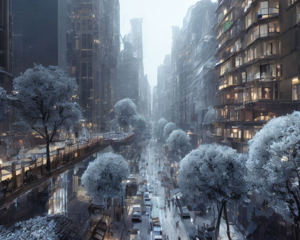 Snowy City Street with Frost-Covered Trees and Tall Buildings