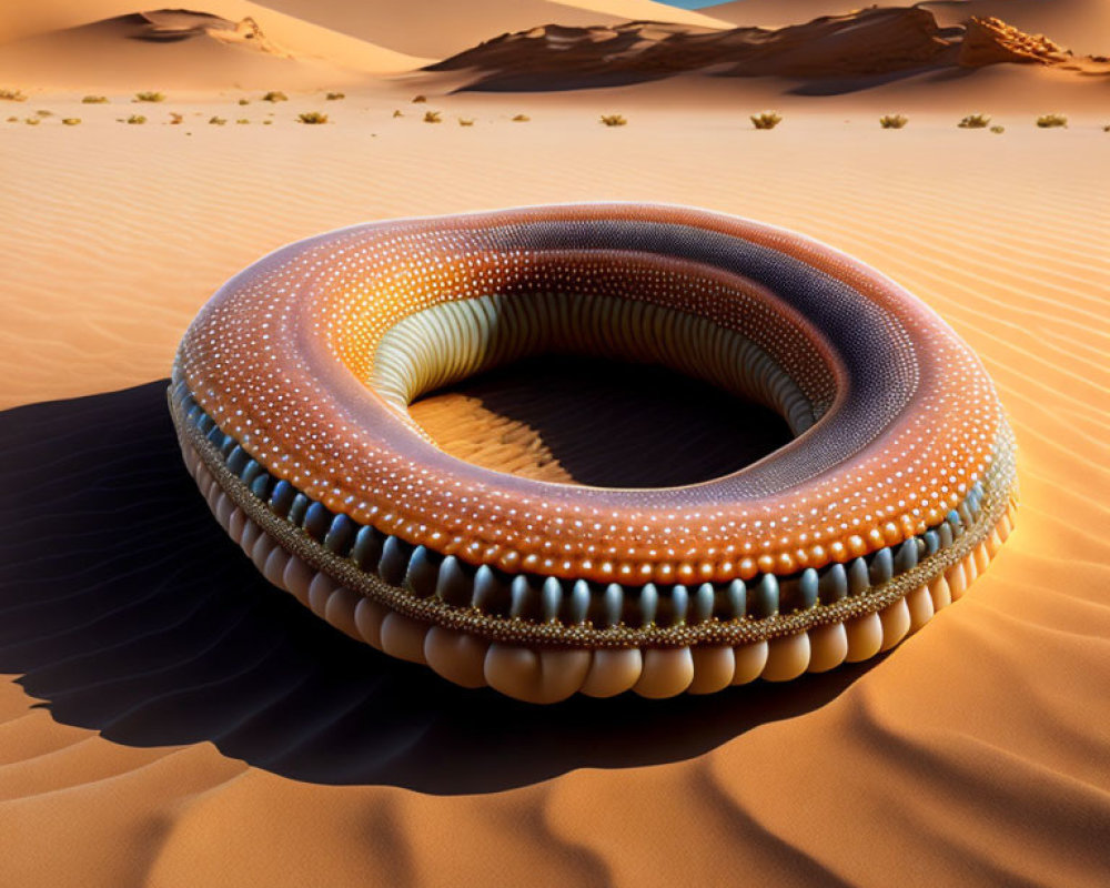 Surreal desert landscape with giant doughnut object