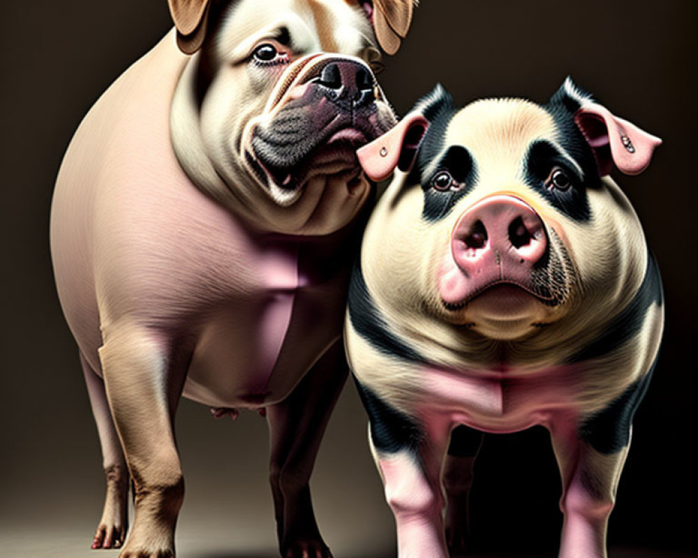 Whimsical bulldog-pig hybrid creatures on brown background