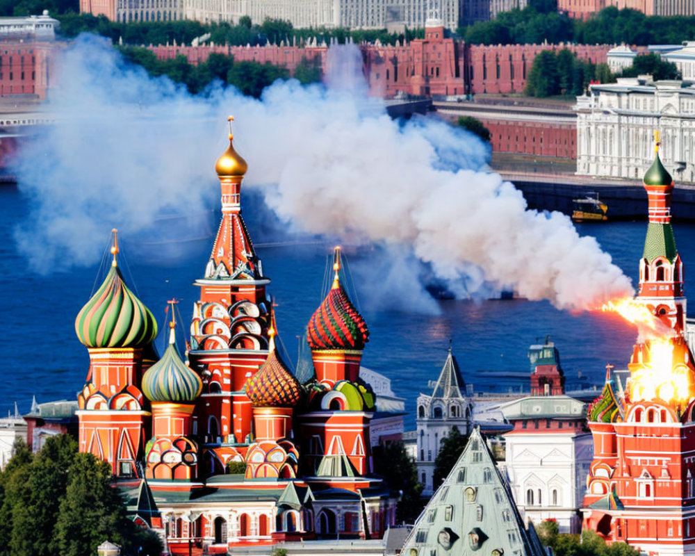 Iconic Saint Basil's Cathedral with colorful onion domes against Moscow's cityscape.