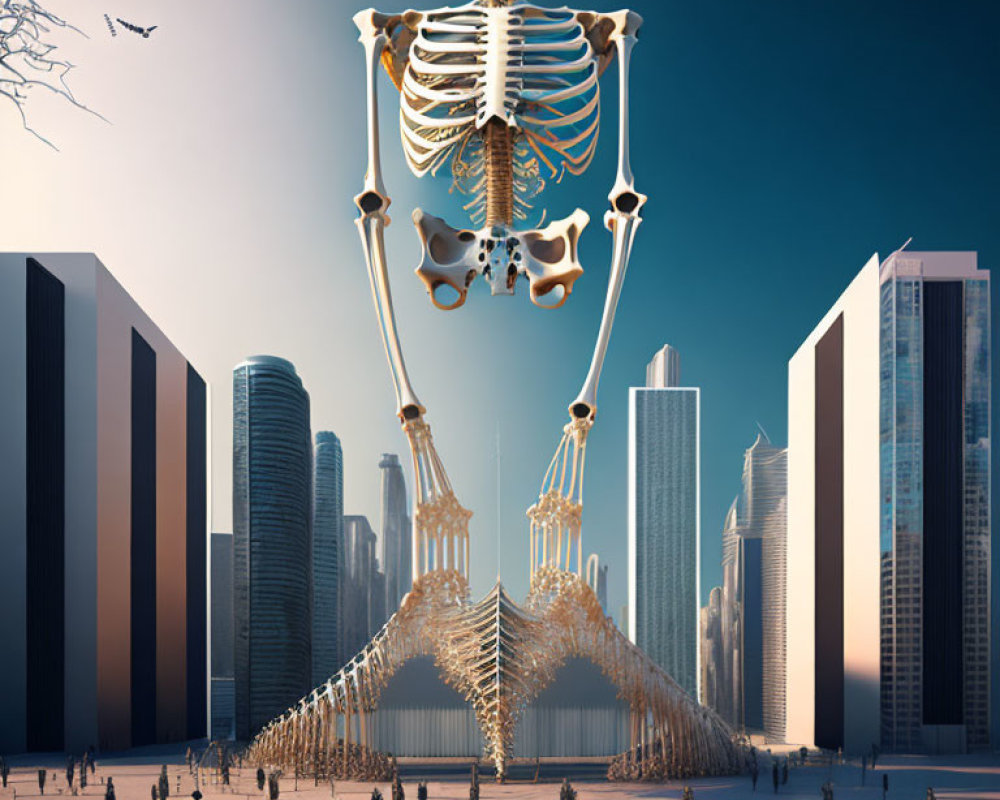 Massive skeleton sculpture in city plaza near skyscrapers and people, creating surreal contrast.