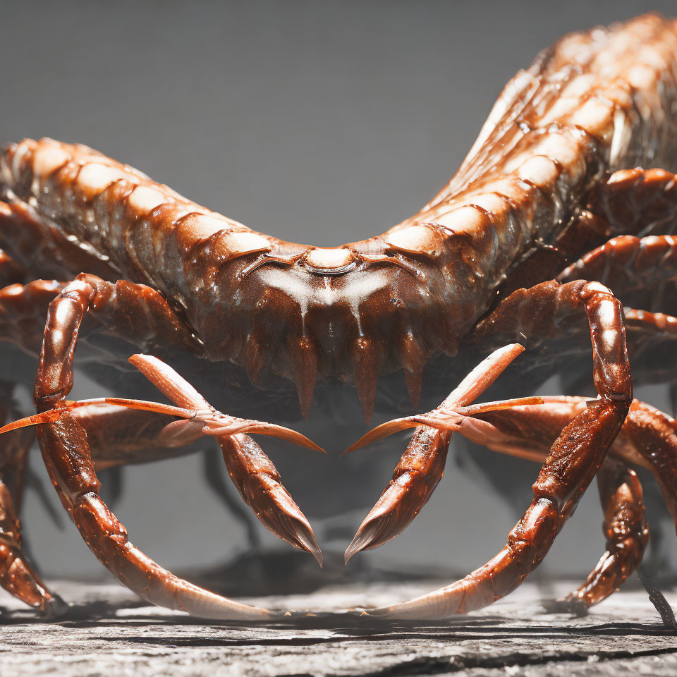 Detailed close-up of crab with prominent pincers on textured surface