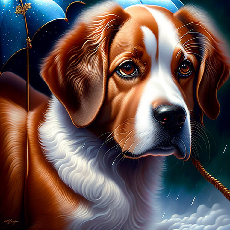 Brown and White Dog Holding Blue Umbrella in Mouth on Starry Night Background
