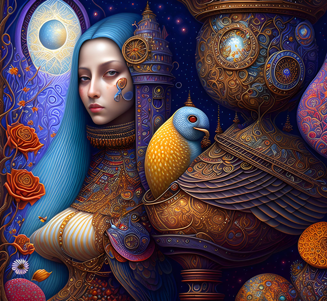 Fantastical Illustration of Woman with Blue Hair and Mechanical Details