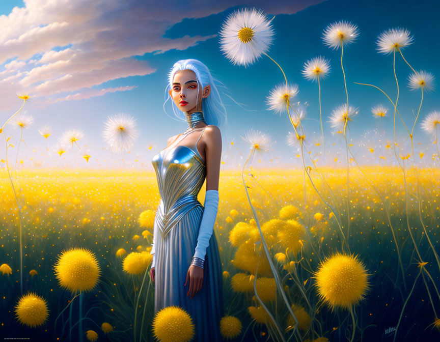 Digital artwork: Female android in blue dress in dandelion field at sunset