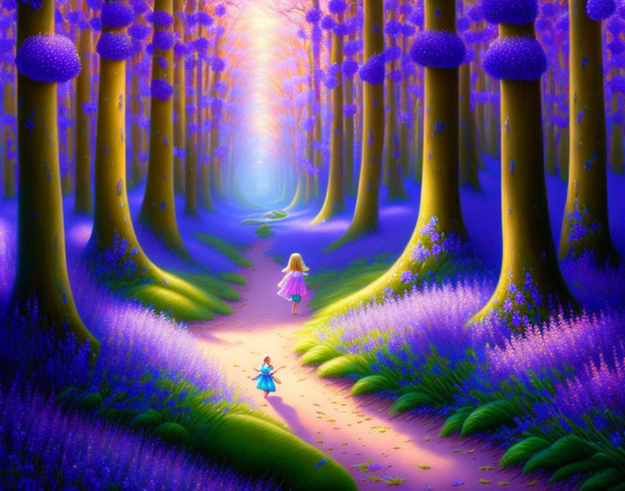 Enchanting forest scene with glowing purple trees and children walking towards light