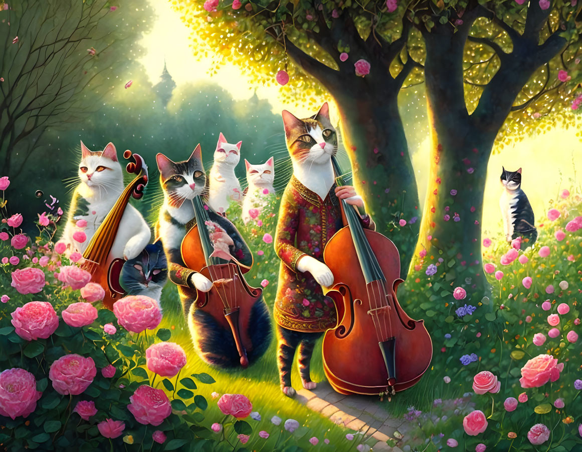 Anthropomorphic Cats Playing Instruments in Magical Garden