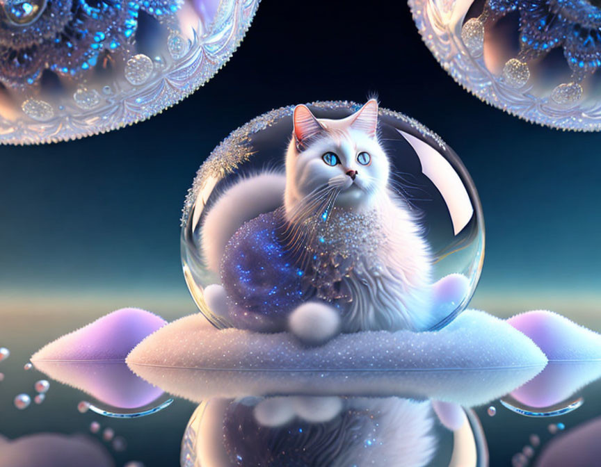White Cat with Blue Eyes in Cosmic Bubble with Orbs