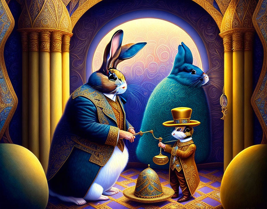 Anthropomorphic rabbits in blue and yellow attire by ornate doorway