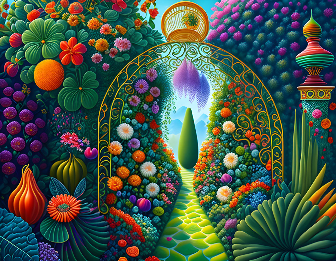 Colorful illustration: Ornate garden gate, magical pathway, diverse flora.