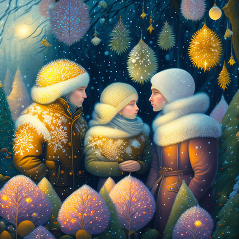 Two people in winter attire in snowy, magical landscape with colorful trees.