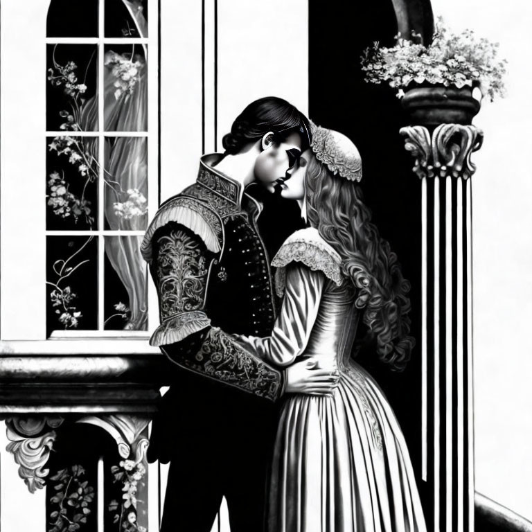 Monochrome illustration of couple in historical attire embracing by window.