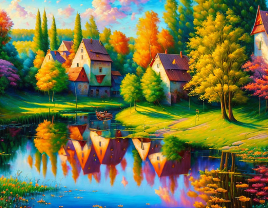 Colorful Autumn Village Scene with Reflecting Lake and Docked Boat