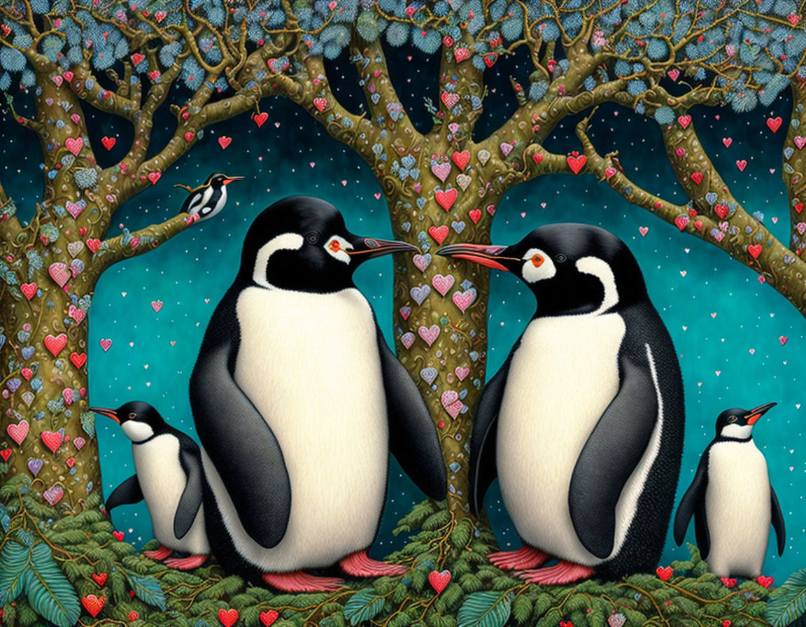 Three penguins under heart-shaped leaves, starry sky, colorful hearts.