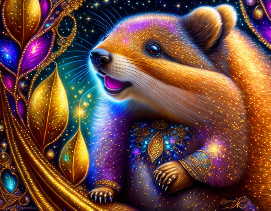 Colorful anthropomorphic beaver in jeweled attire surrounded by golden and purple foliage and sparkling stars