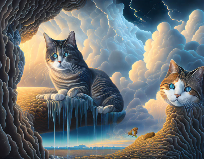 Surreal painting of two large cats on clouds with stormy sky
