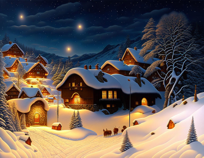 Snow-covered winter village with glowing lights and deer family