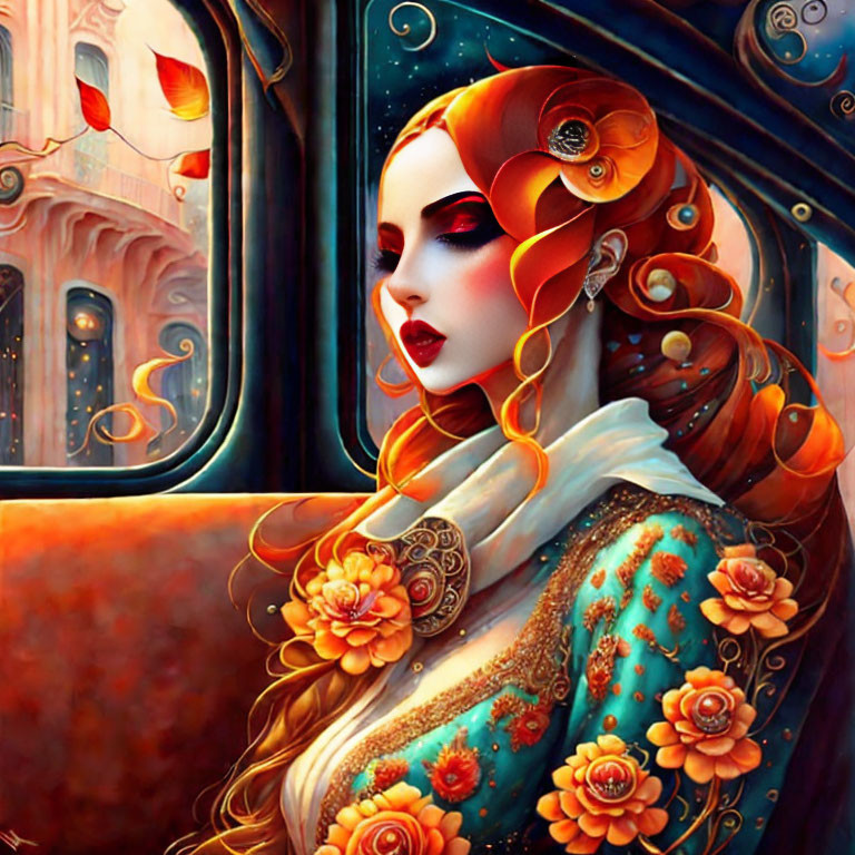 Illustration: Woman with red hair and flowers looking out train window.