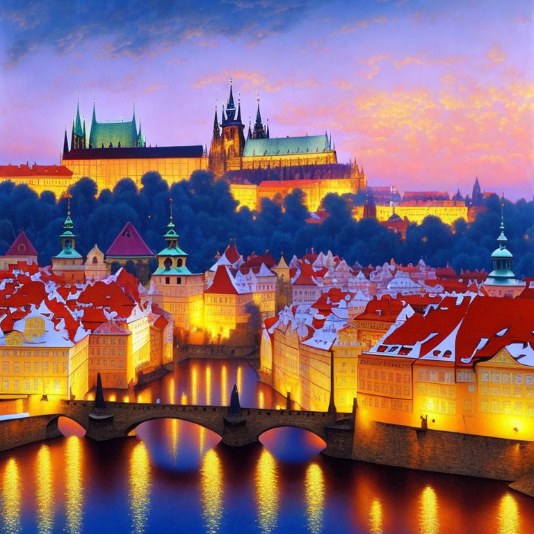 Historic city twilight scene with castle, cathedral, stone bridge & colorful buildings