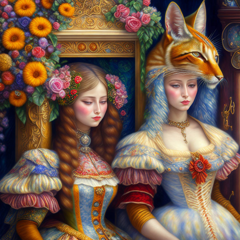 Digital Artwork: Two Women in Renaissance Attire with Feline Transformation