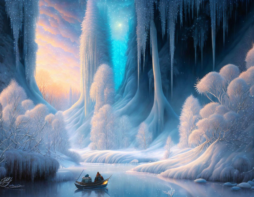 Snowy Winter River Scene with Boat and Northern Lights