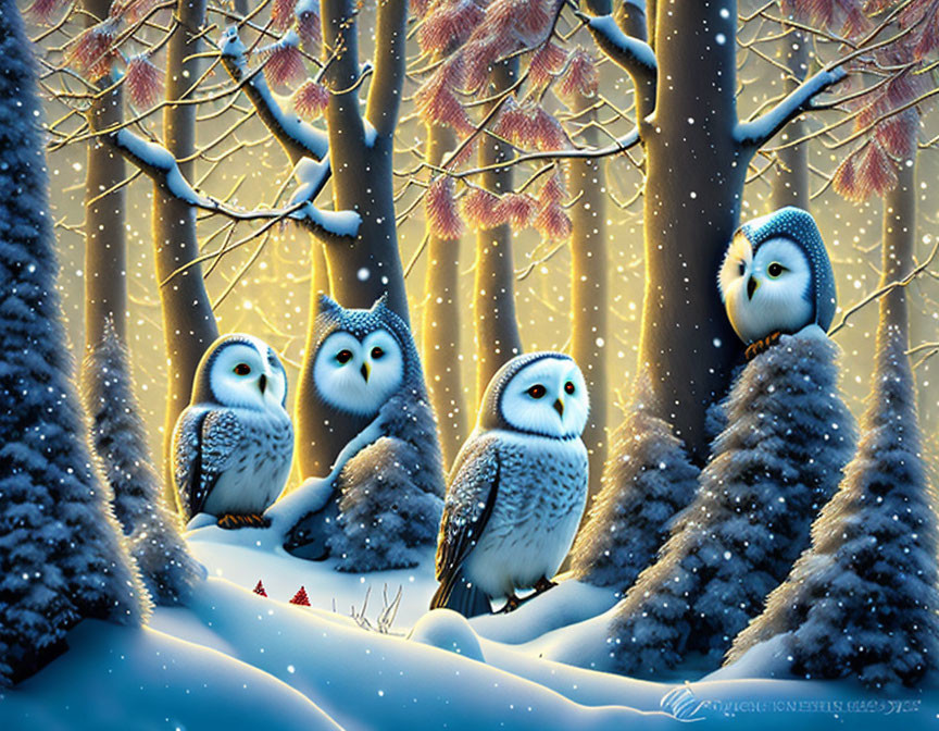 Illustrated owls in snowy twilight scene with falling snowflakes