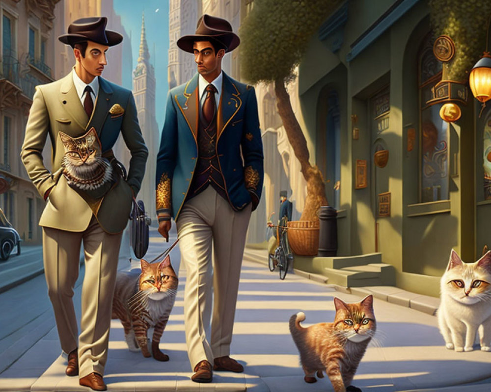 Stylish Men Walking Sunlit Street with Elegant Cats & Vintage Architecture