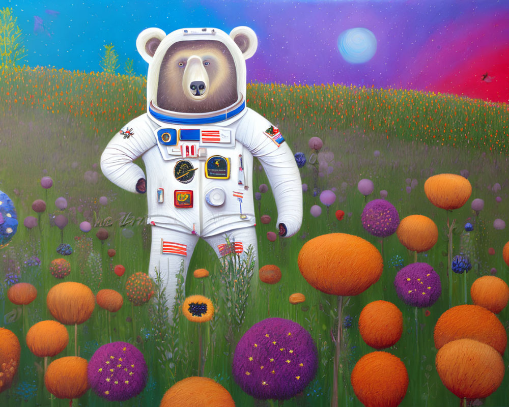 Bear in astronaut suit in fantasy field with vivid mushrooms and starry sky