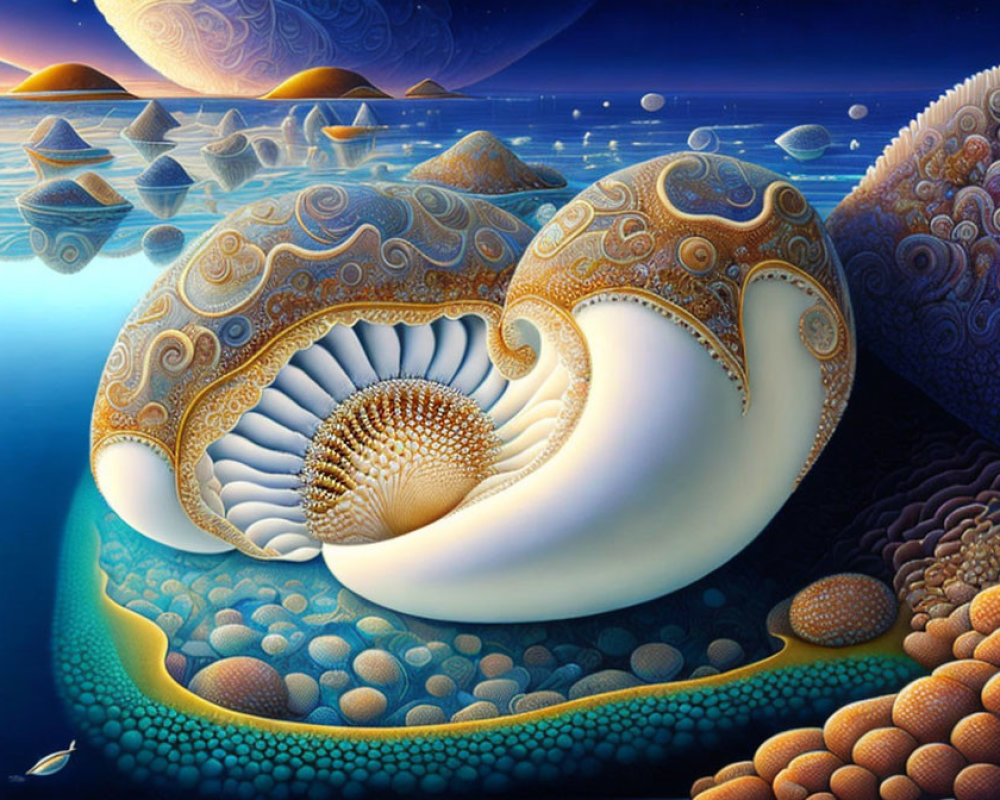 Surreal fractal landscape with ornate snail-like structures in blue waters