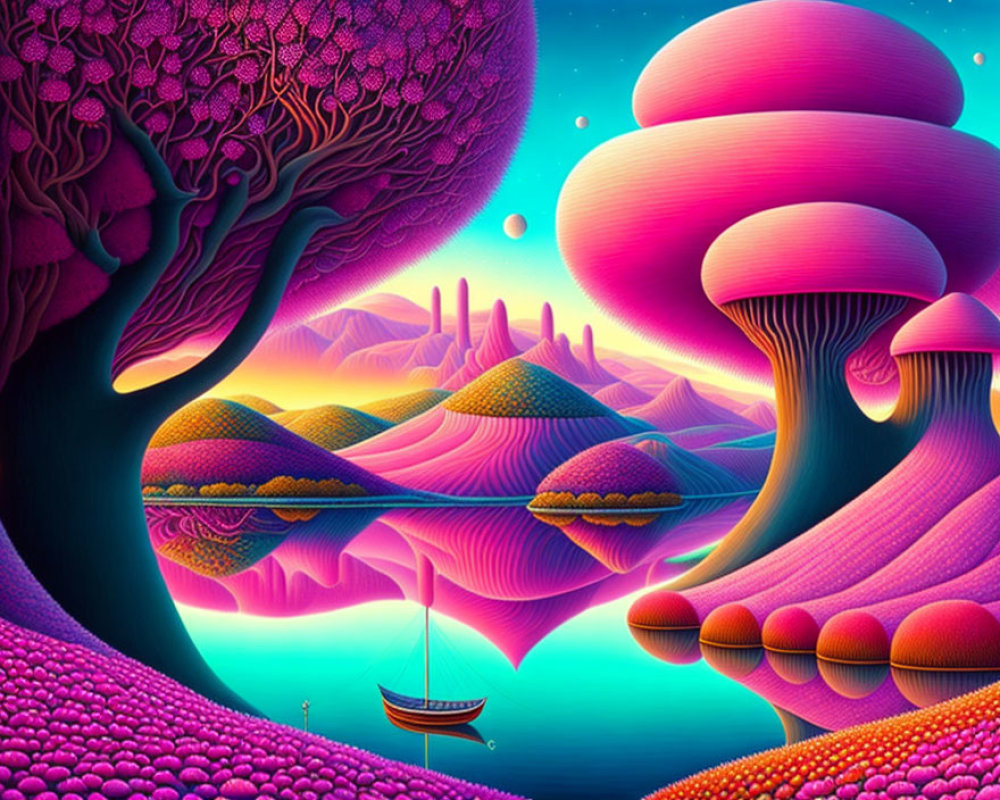Colorful Psychedelic Landscape with Oversized Mushrooms, Solitary Tree, and Boat