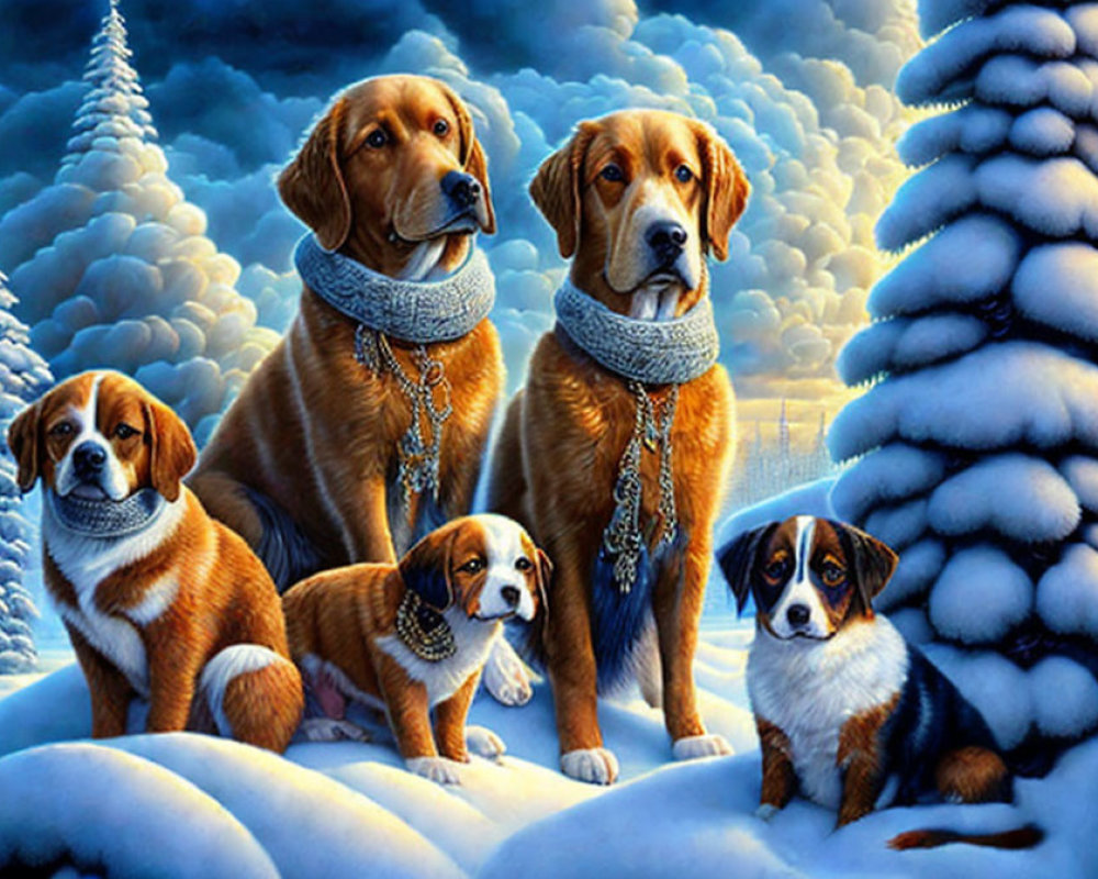 Four Dogs in Scarves in Snowy Pine Tree Landscape