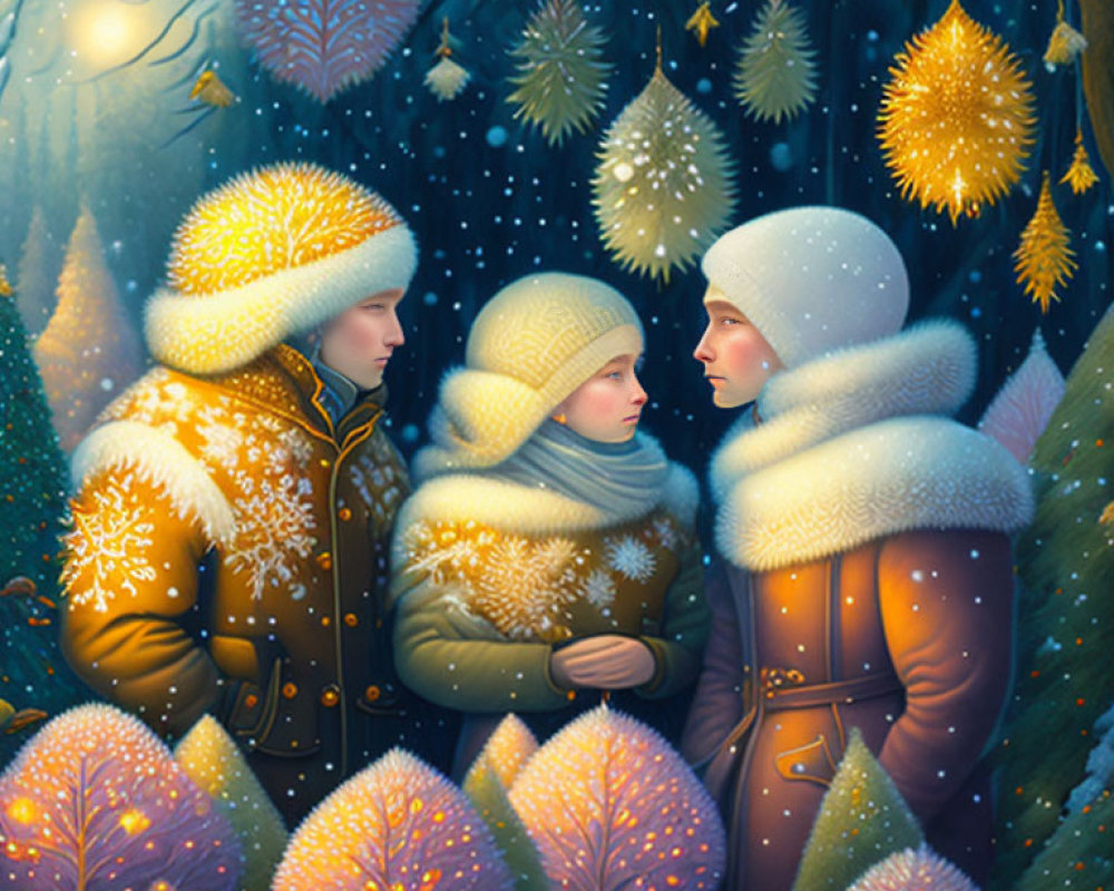 Two people in winter attire in snowy, magical landscape with colorful trees.