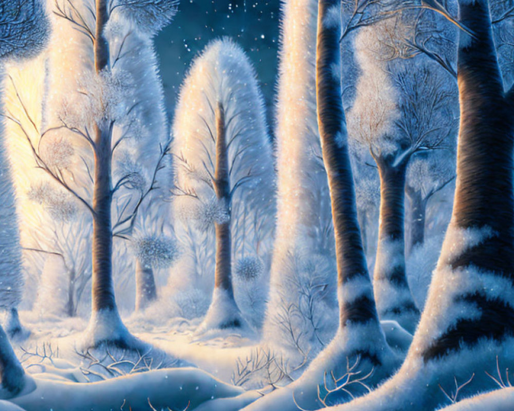 Snow-covered trees in mystical winter forest with gentle snowfall