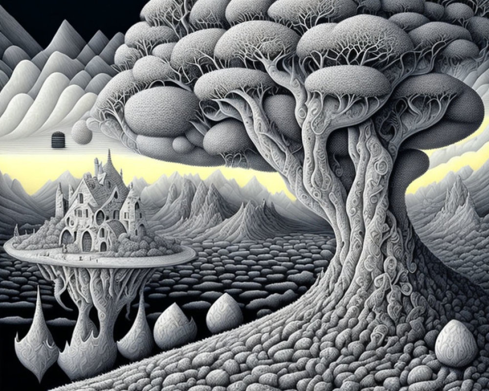 Monochromatic fantasy landscape with intricate tree, circular platform, house, rolling hills, stylized clouds