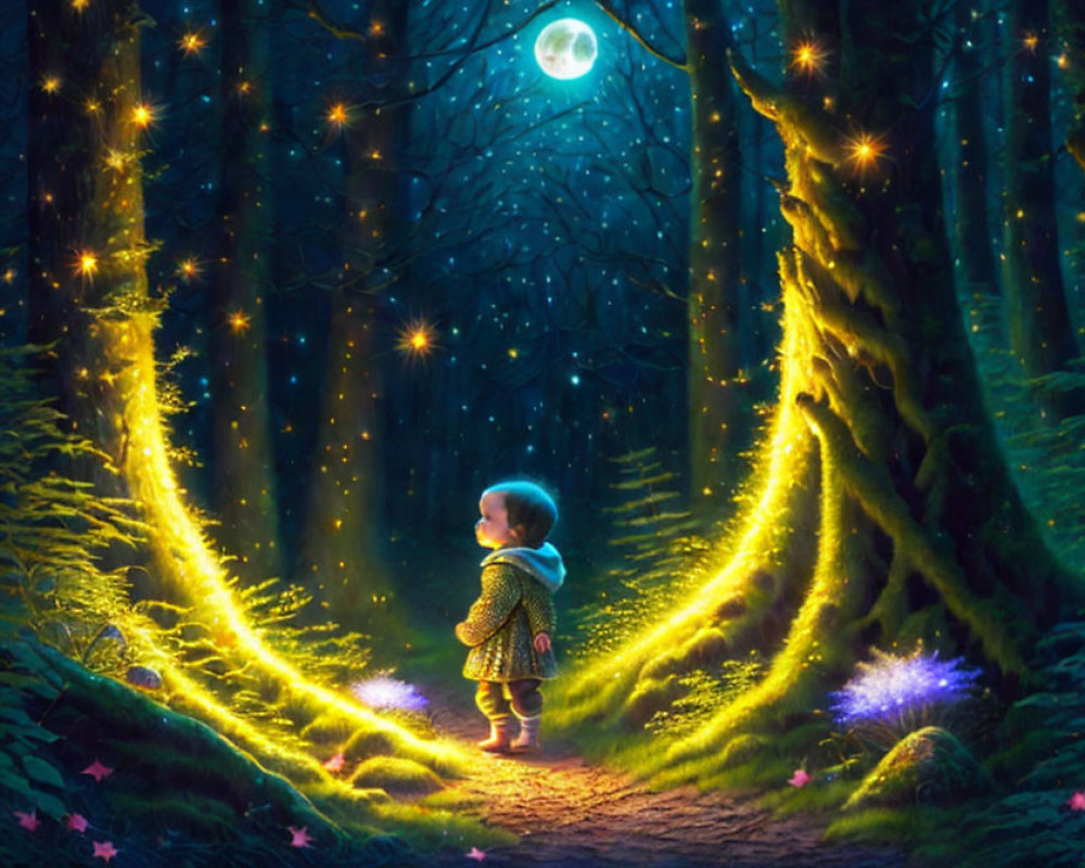 Child in Enchanted Forest with Glowing Trees and Fireflies
