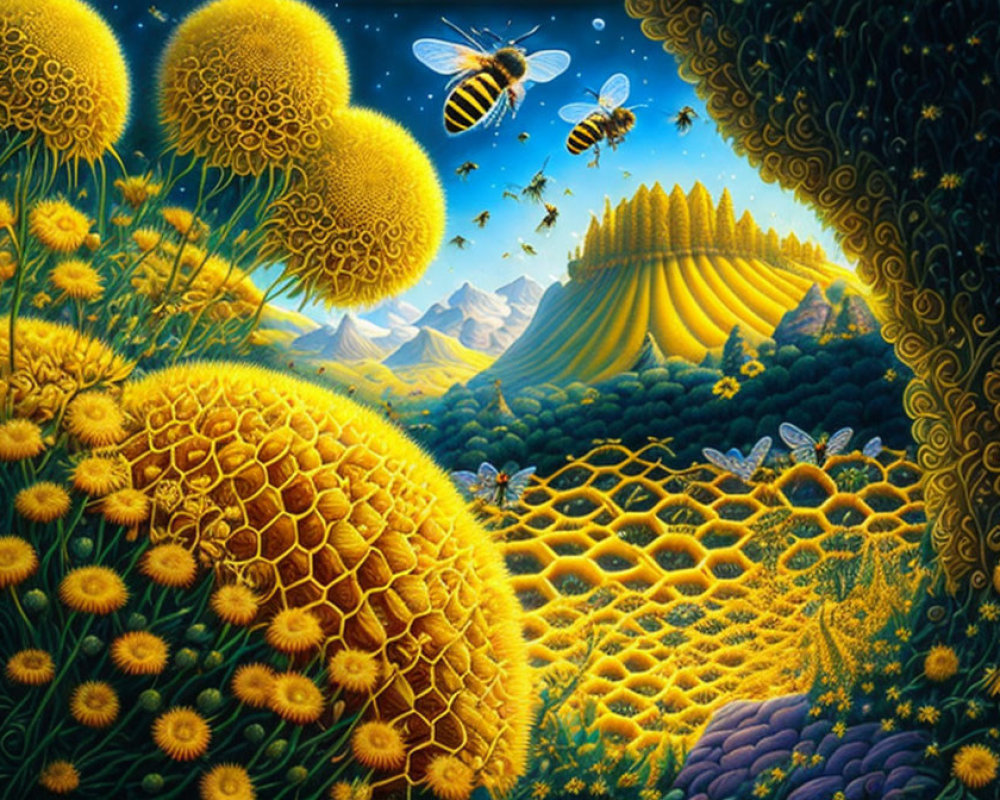 Colorful painting of bee-friendly landscape with dandelions, bees, honeycombs, and star