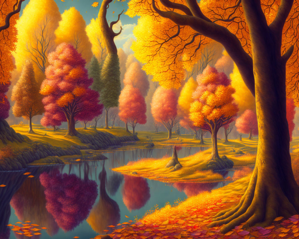 Colorful Autumn Trees Reflecting in Calm River Amid Fallen Leaves