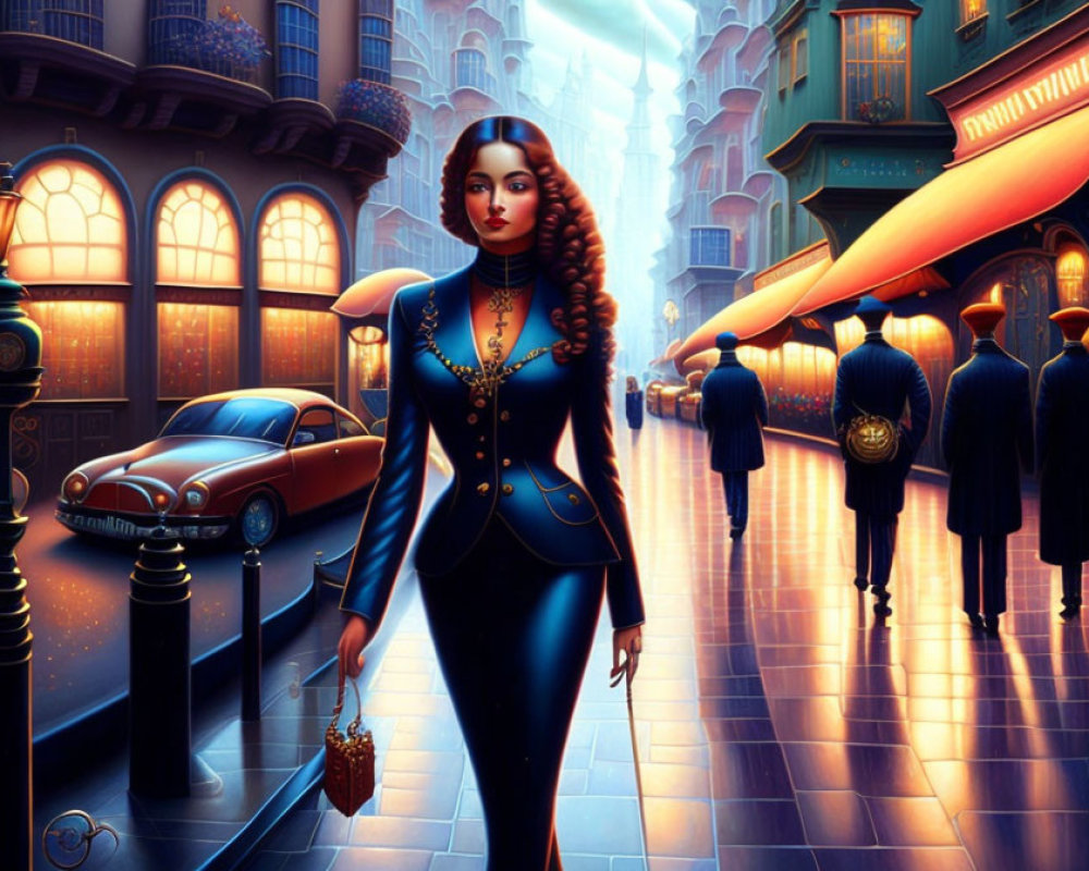 Digital artwork: Woman in blue suit walking in illuminated city street at twilight
