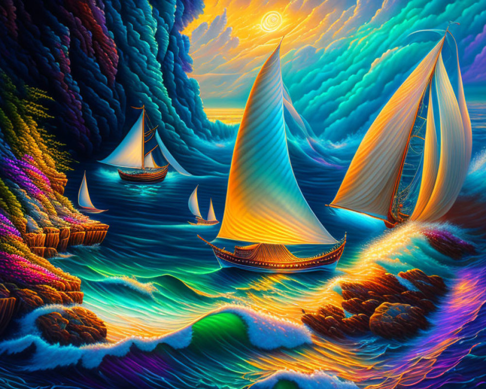 Colorful sailboats on undulating sea with whimsical clouds and radiant sun