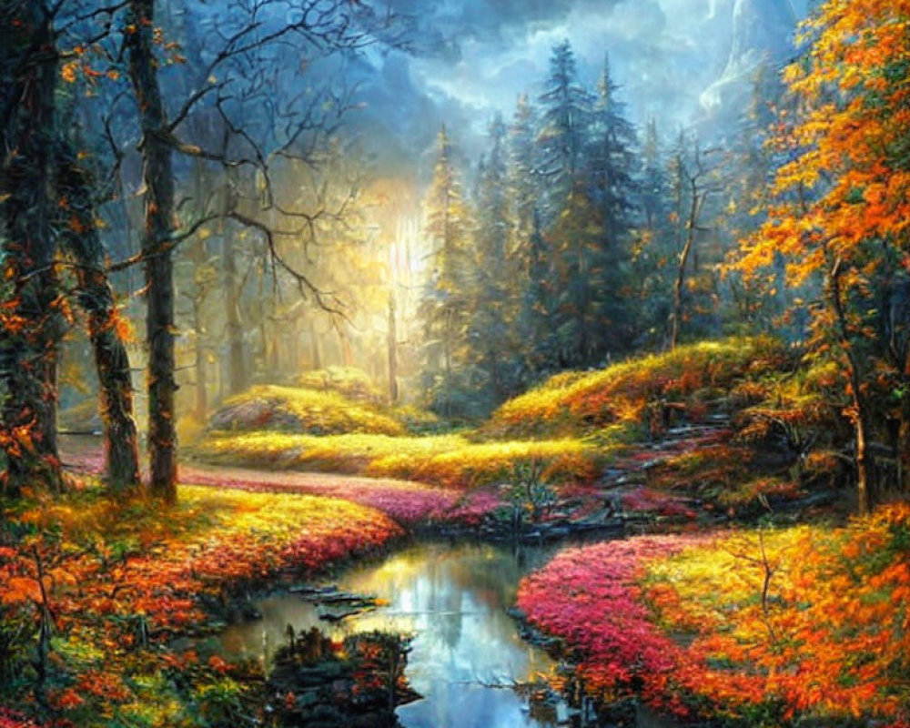 Colorful autumn forest with stream and sunlight rays