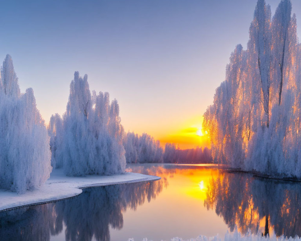 Tranquil winter sunset over frosty trees and river