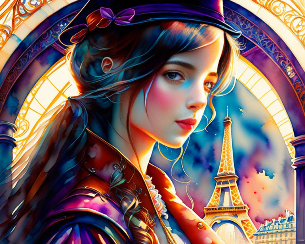 Blue-eyed woman in hat with Eiffel Tower backdrop and vibrant colors