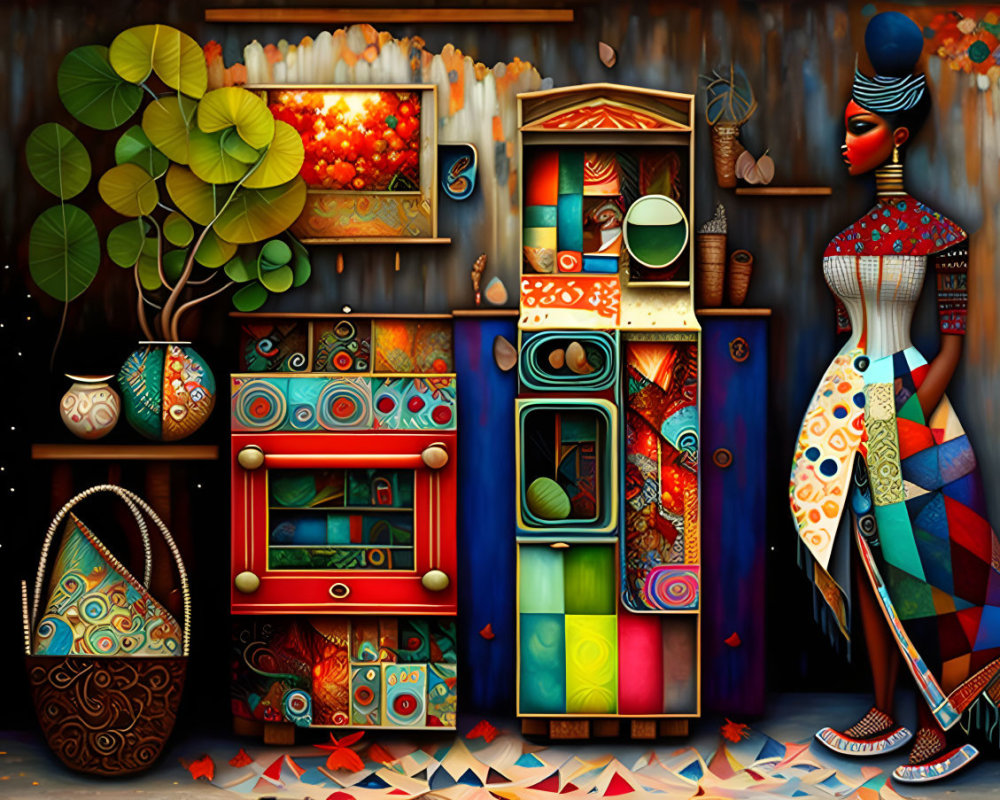 Vibrant woman in colorful dress with decorative cabinet and pottery