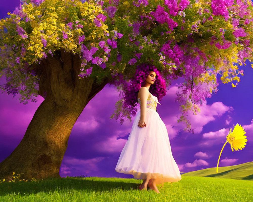 Woman in white dress under colorful tree on vibrant green hill with dandelion