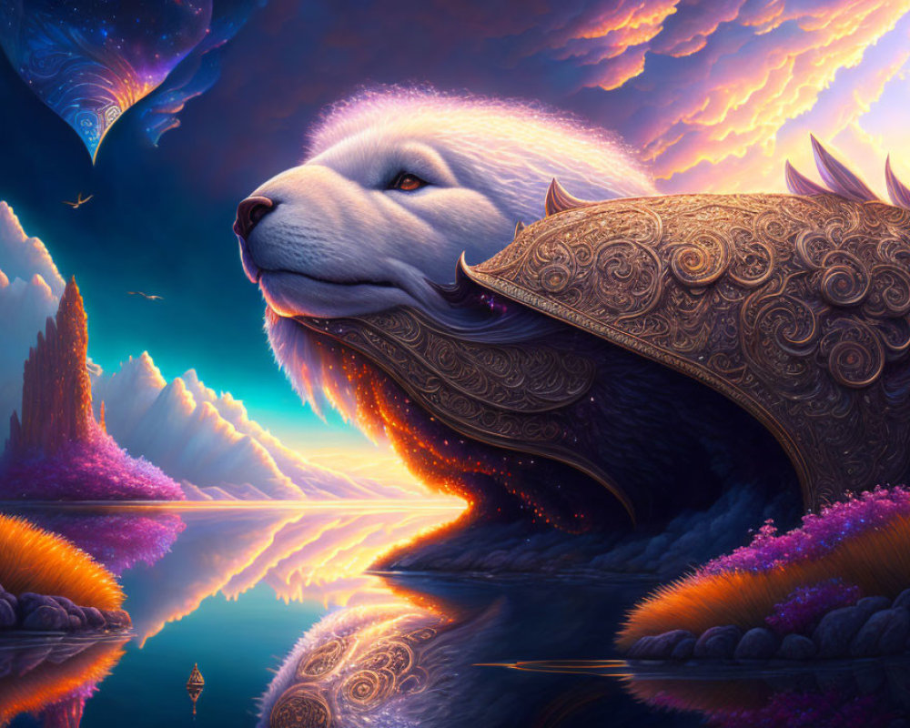 Majestic armor-clad polar bear by mirror-like lake and surreal sky.