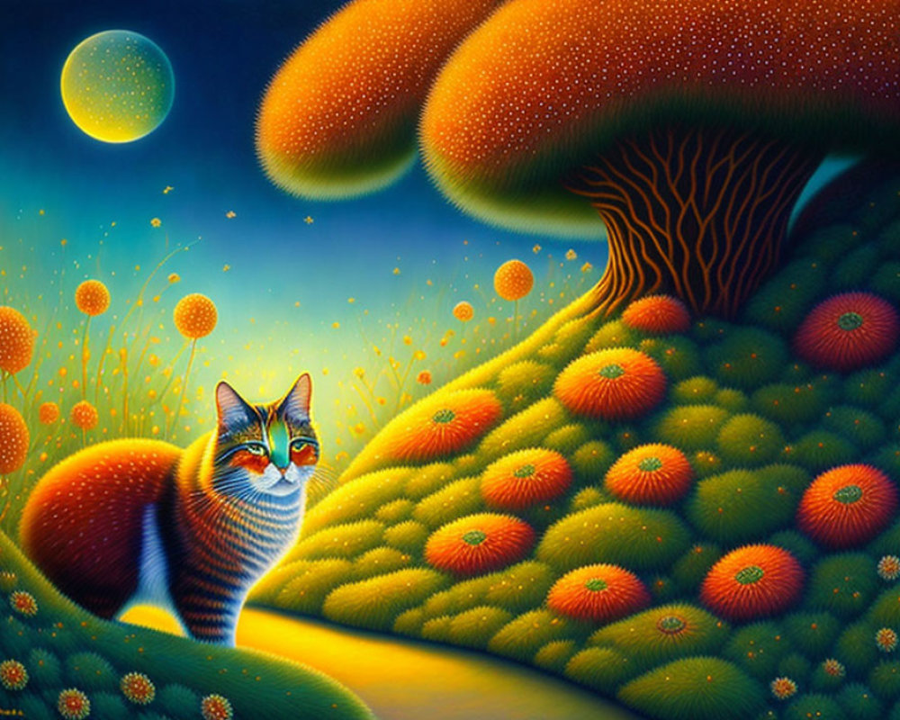 Colorful Tabby Cat and Mushrooms in Moonlit Scene