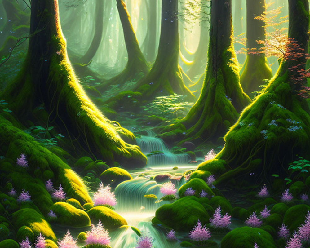 Sunlit Enchanted Forest with Moss-Covered Trees and Pink Flowers