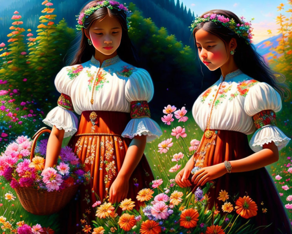 Two girls in traditional dresses with floral wreaths in vibrant flower field.