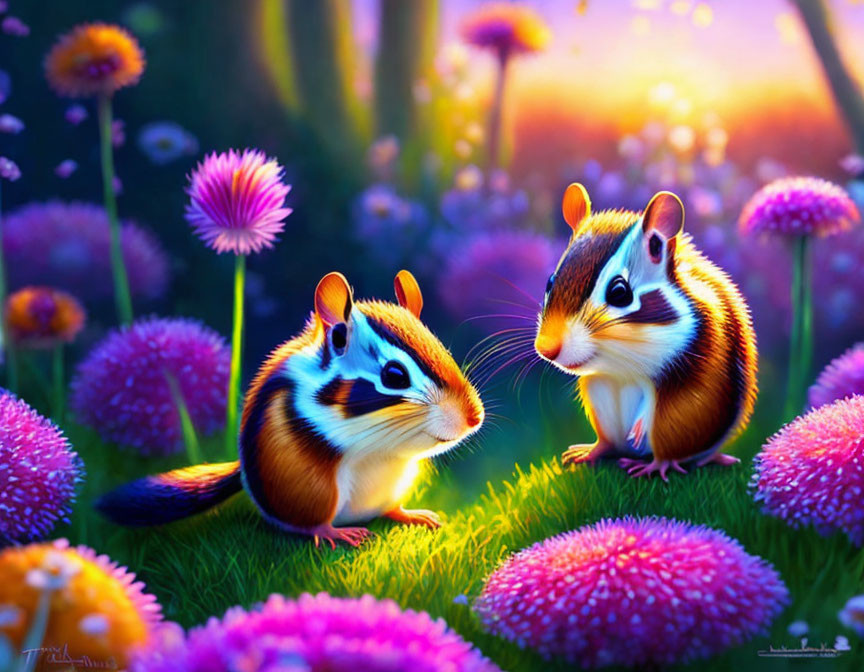 Vibrant Flowers Surround Animated Chipmunks in Colorful Meadow
